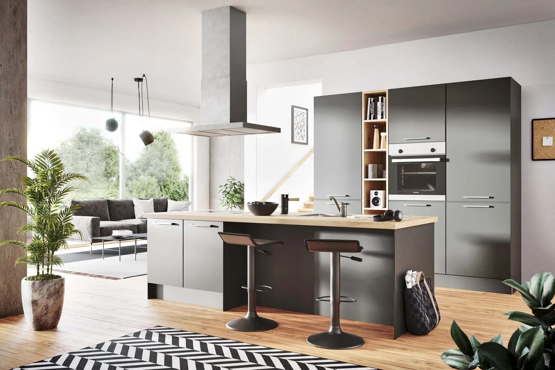 PERFECT SOFT in Graphit mit Kochinsel und Holztheke