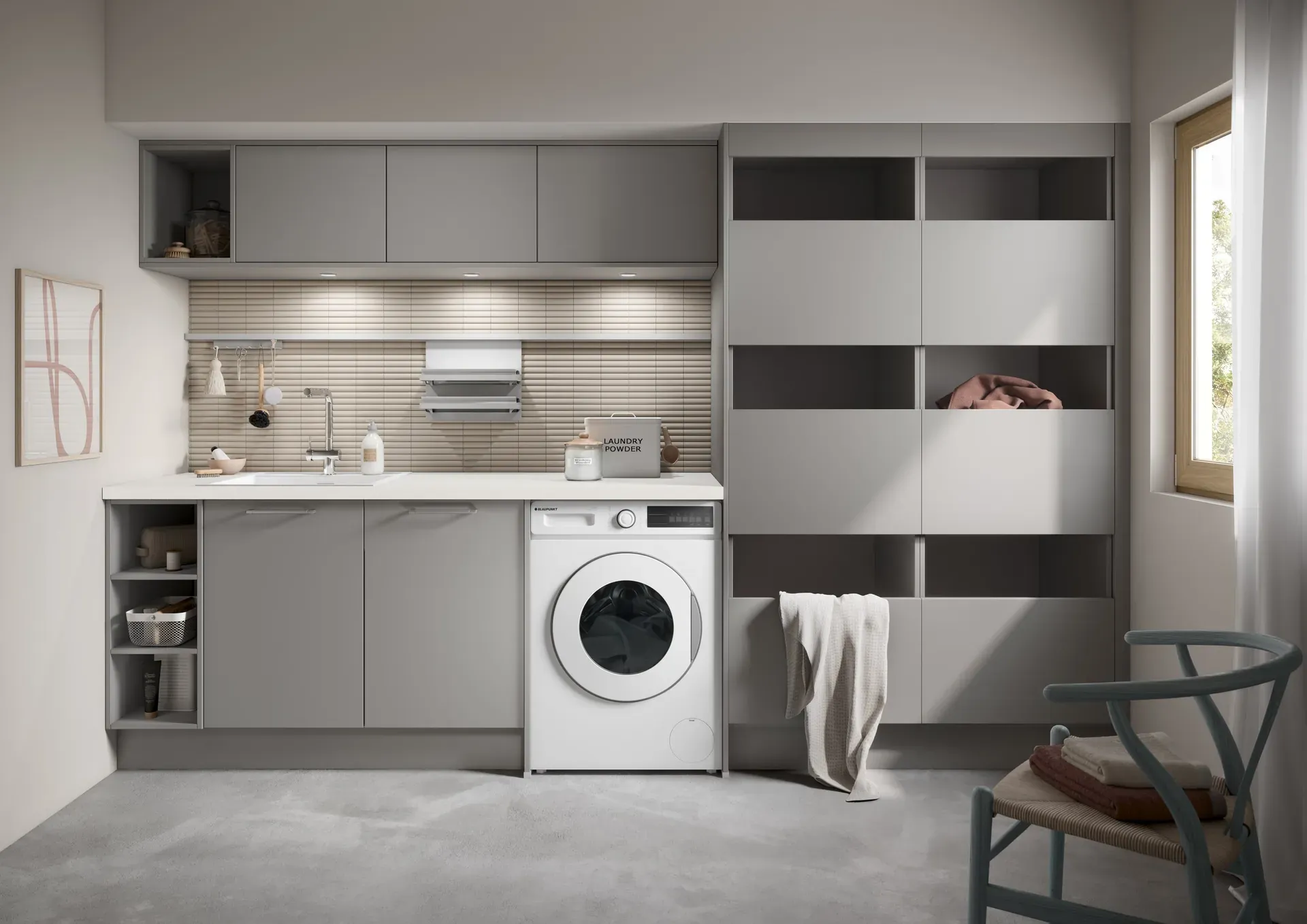 Hauswirtschaftsraum UNO in Perlgrau mit Waschmaschine und Einbauschränken