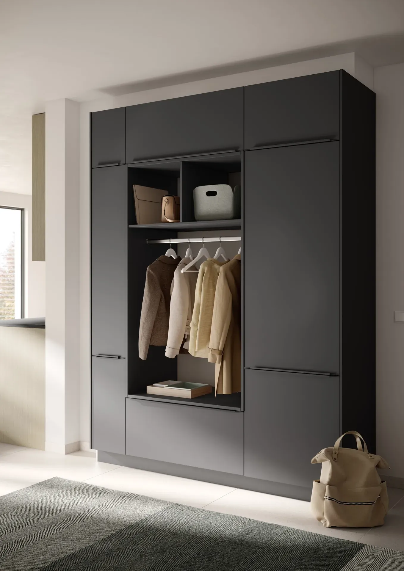 Garderobe TOP SOFT in Graphit mit offenem Kleiderschrank